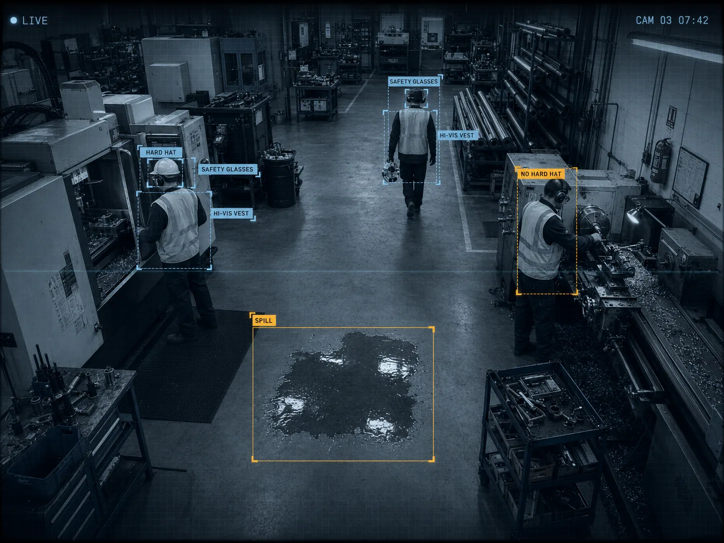A camera view of a machine shop where Merlin flags each worker's hard hat, safety glasses and hi-vis vest, a lathe operator with no hard hat, and a floor spill.