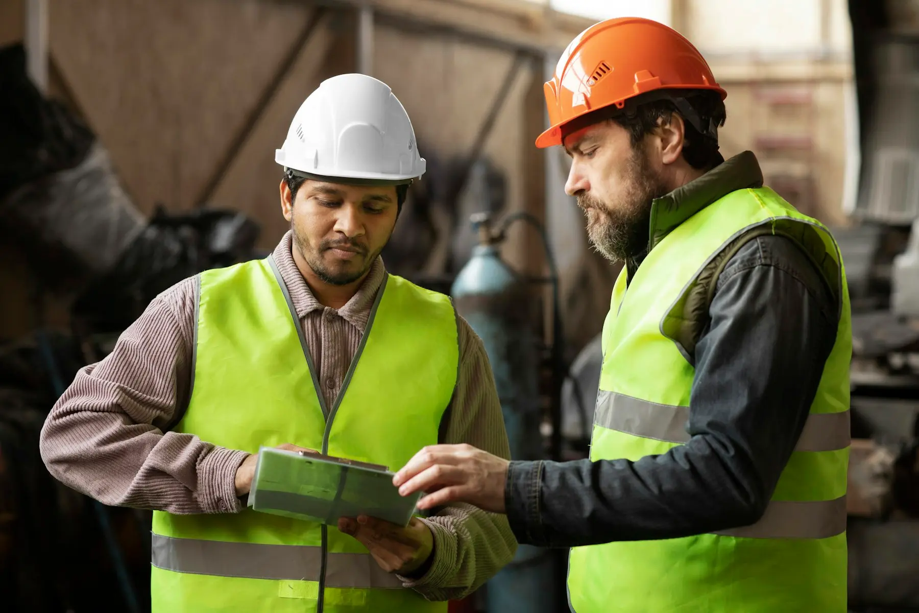 Two workers in hard hats and safety vests reviewing a clipboard together